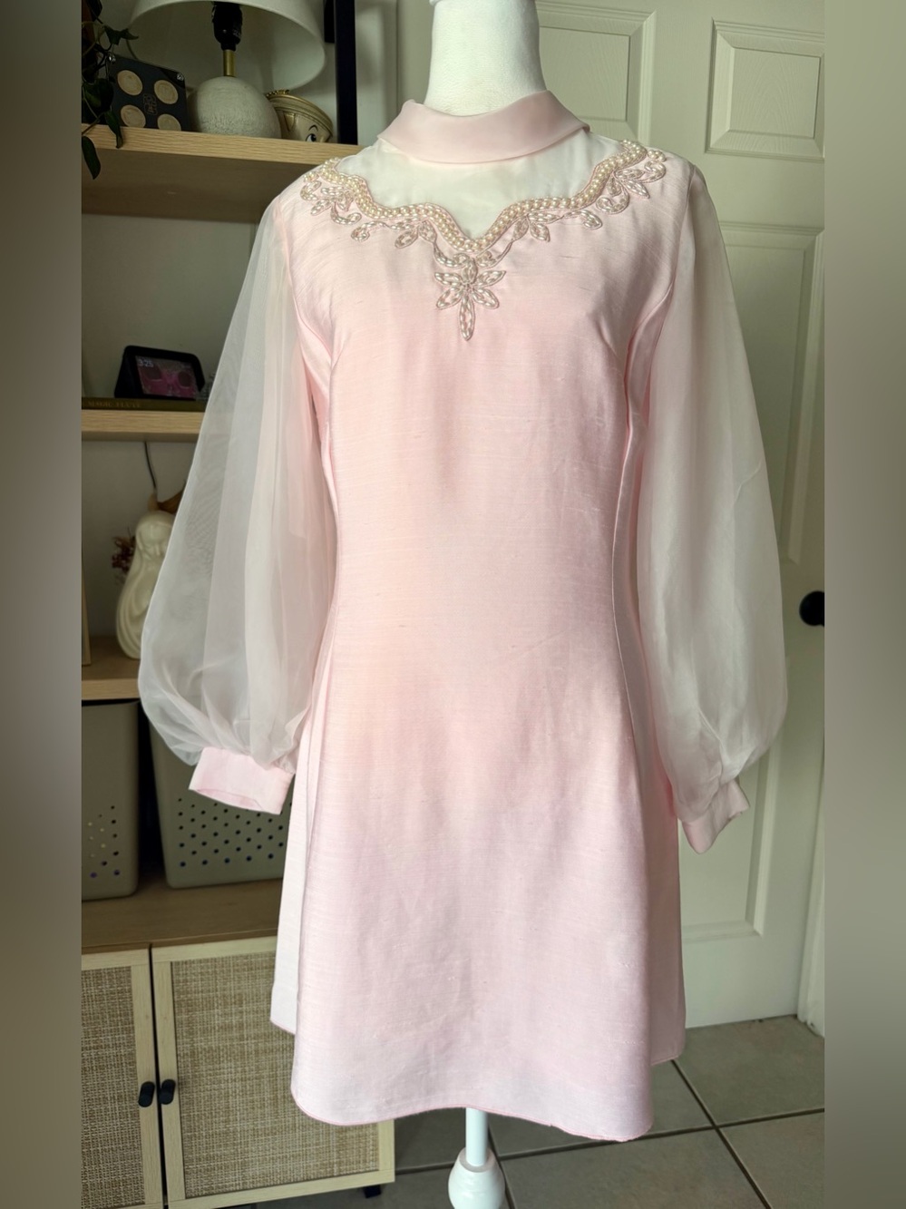 VTG 60s 70s Sylvia Ann Pink Beaded Shift Dress Chiffon Lantern Sleeve Bow Back